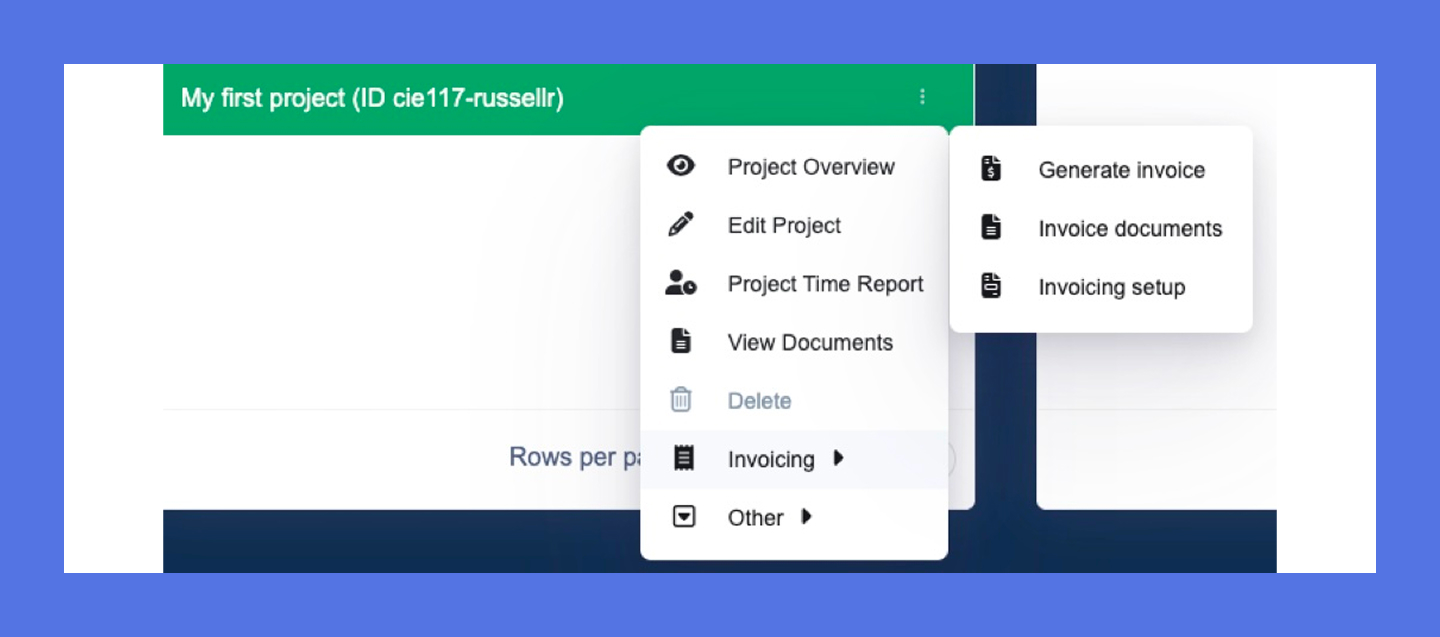 Project invoice menu