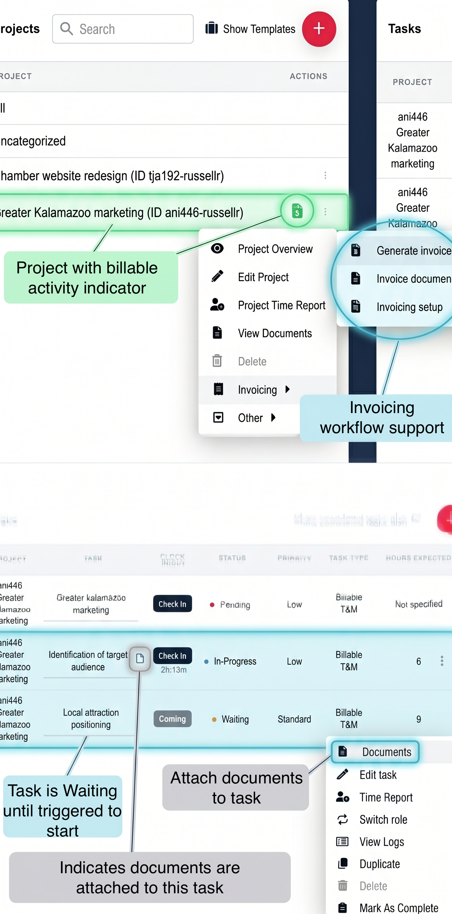 Project list and task list with dependencies